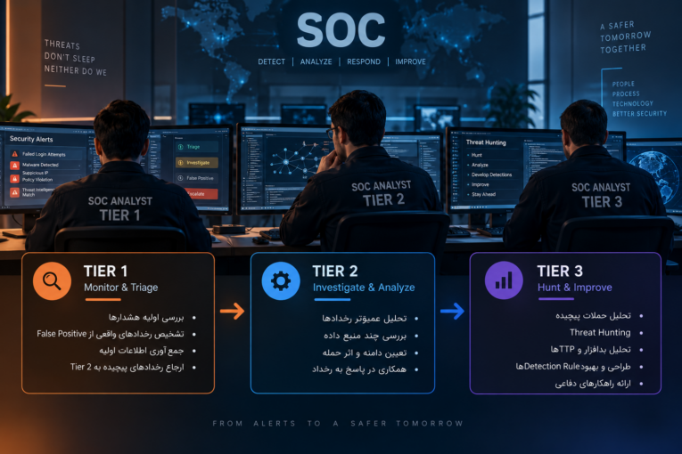 تفاوت Tier 2 ،Tier 1 و Tier 3 در SOC چیست و وظایف هر تحلیلگر چگونه مشخص می‌شود؟